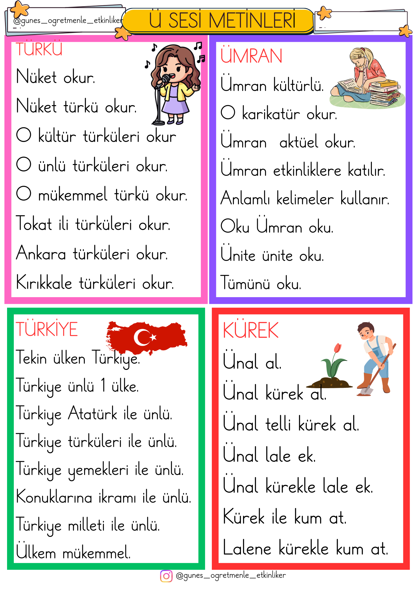 1. Sınıf İlk Okuma Yazma Ü Sesi Metinleri