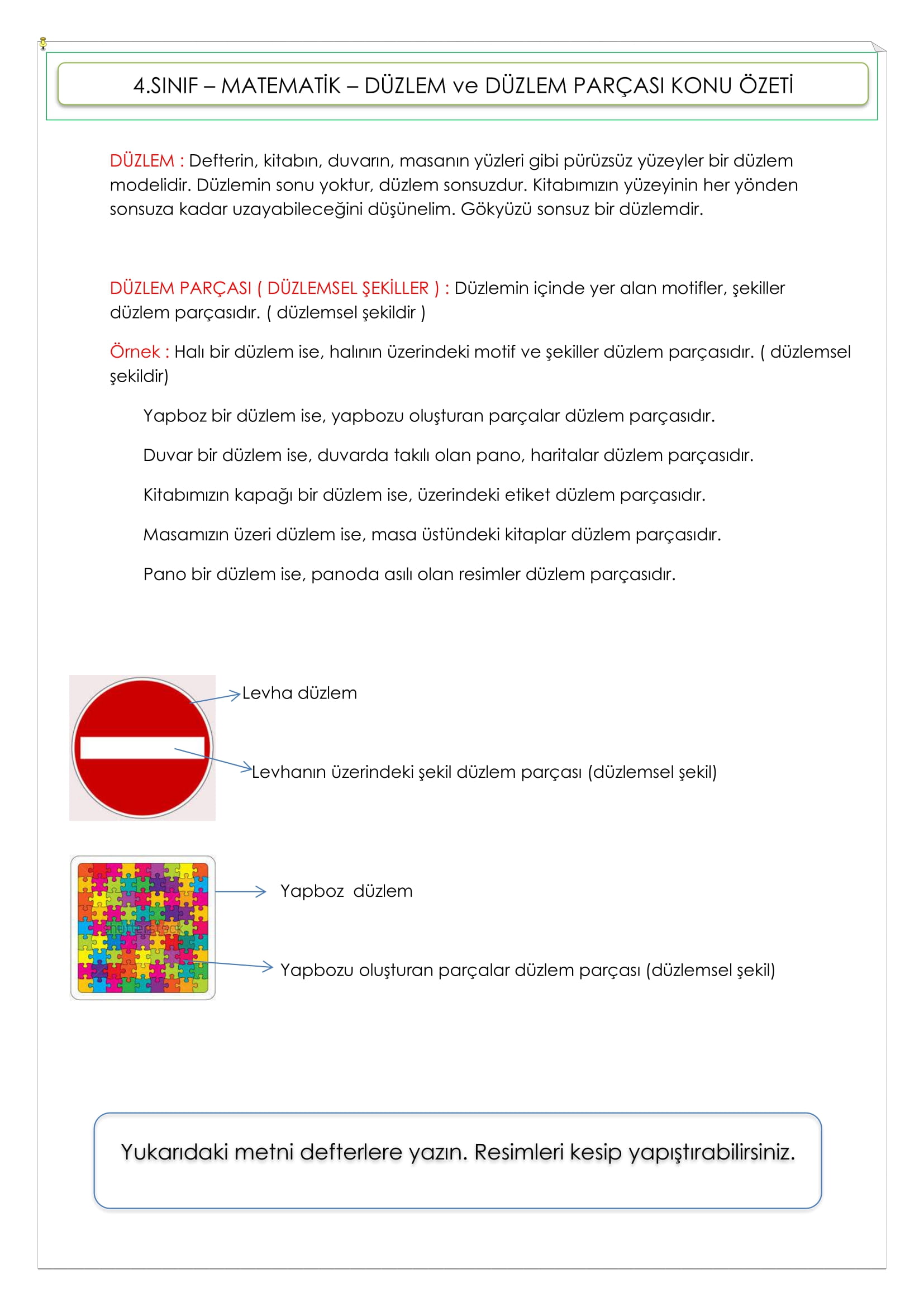 4. Sınıf - Matematik - Düzlem ve Düzlem Parçası Konu Özeti