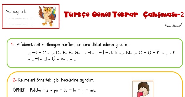 1. Sınıf Türkçe Genel Tekrar Çalışması 2