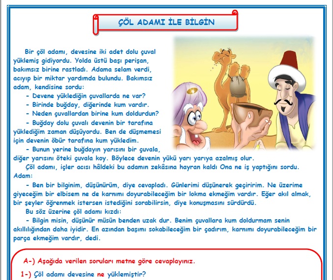 2. Sınıf Türkçe Çöl Adamı ile Bilgin Okuma Anlama Metin Çalışması