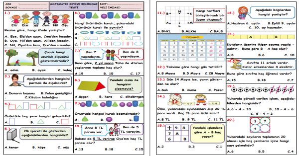 1. Sınıf -Matematik Seviye Belirleme Test-5