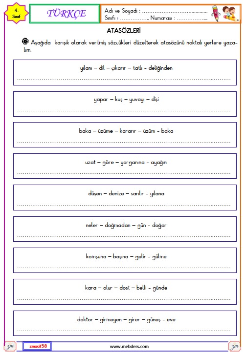 4. Sınıf Türkçe Atasözleri Etkinliği 1