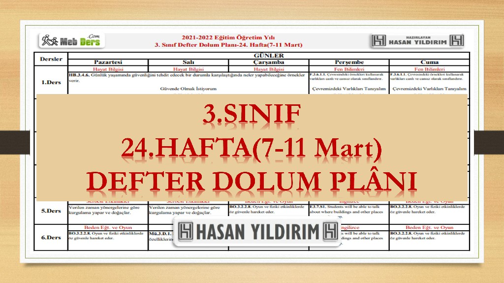 3. Sınıf 24.Hafta(7-11 Mart) Defter Dolum Planı