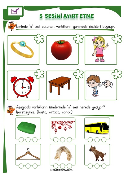 1. Sınıf İlkokuma S Sesi Ayırt Etme Etkinliği
