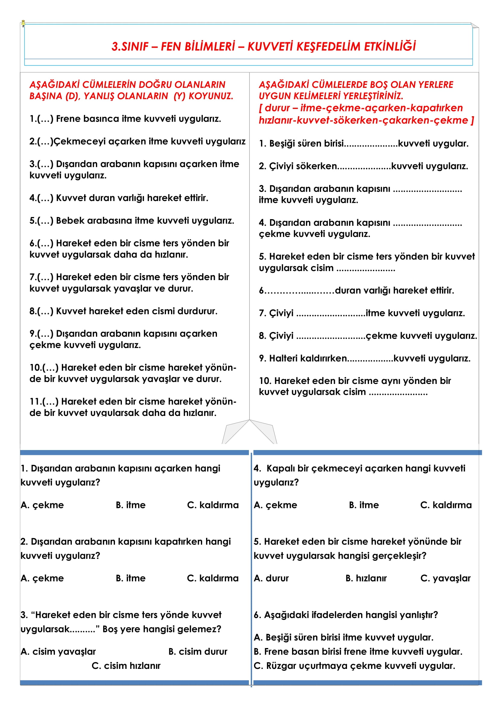 3. Sınıf Fen Bilimleri Kuvveti Keşfedelim Etkinliği
