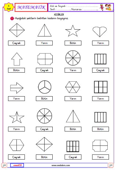 2. Sınıf Matematik Bütün , Yarım ve Çeyrek Etkinliği 2