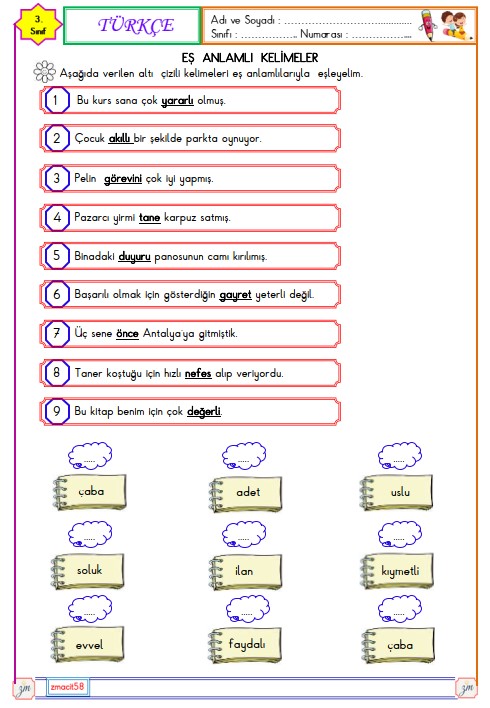 3. Sınıf Türkçe Eş Anlamlı Kelimeler Etkinliği 8