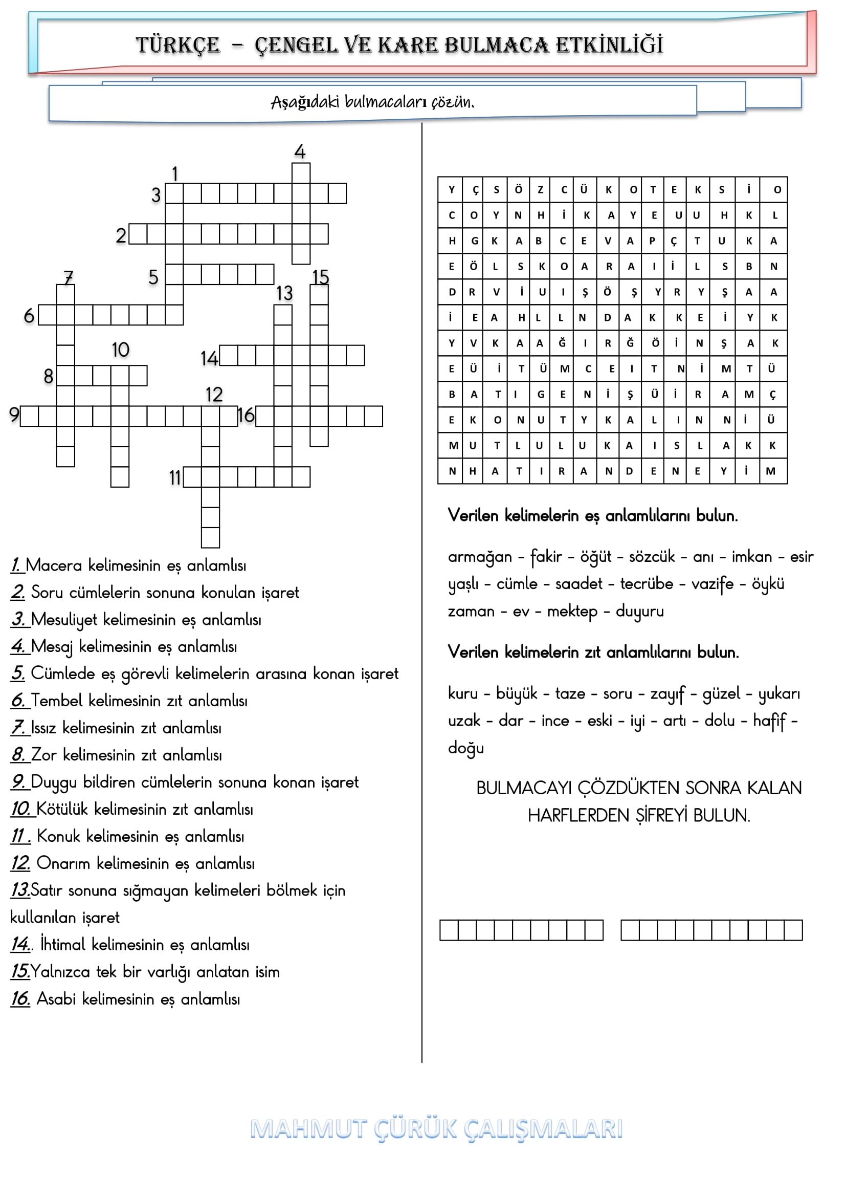4. Sınıf - Türkçe Çengel ve Kare Bulmaca