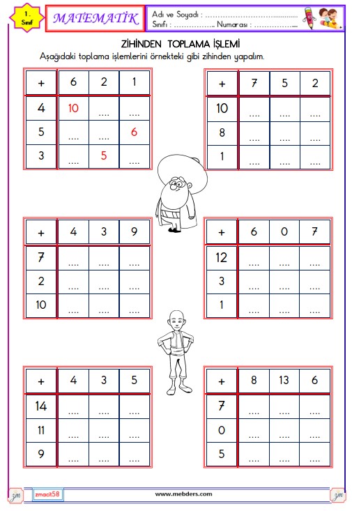 1. Sınıf Matematik Zihinden Toplama İşlemi Etkinliği 6