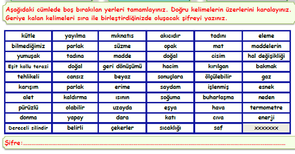 4. Sınıf Fen Bilimleri Maddenin Özellikleri Boşluk Doldurma Etkinliği