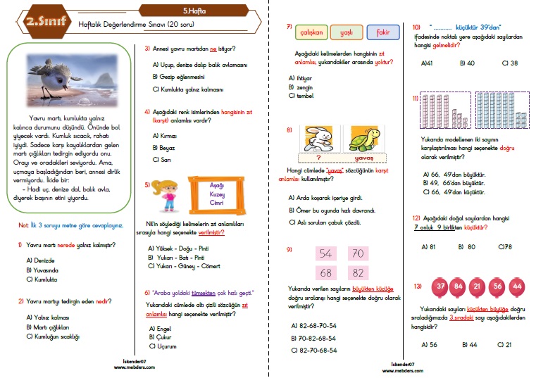 2. Sınıf Haftalık Değerlendirme Testi-5.Hafta (04-08 EKİM)