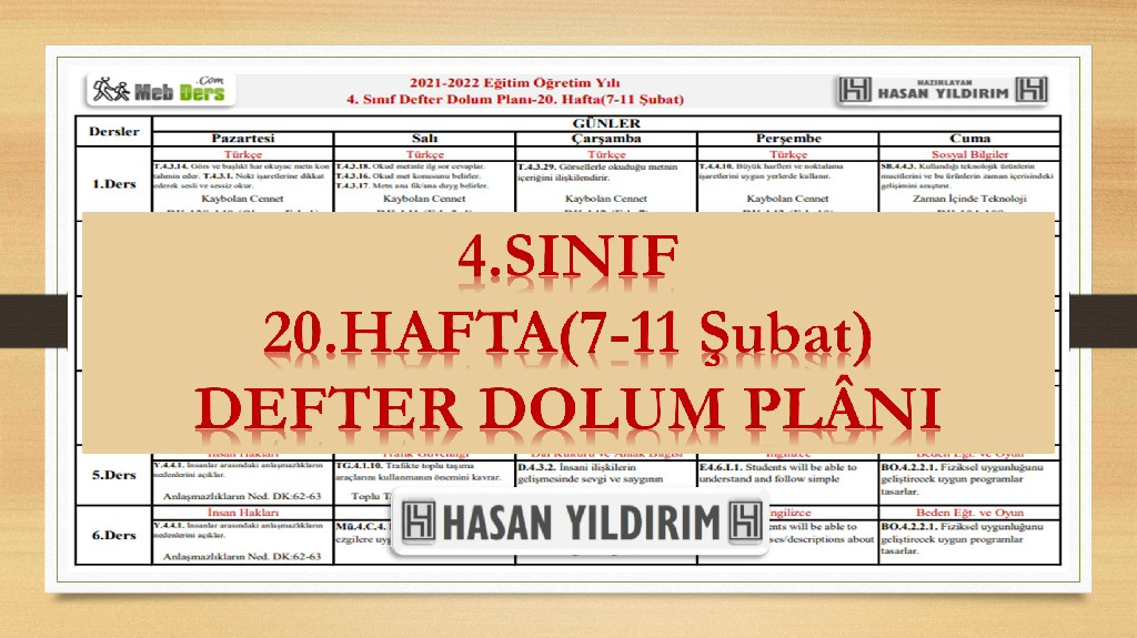 4. Sınıf 20.Hafta(7-11 Şubat) Defter Dolum Planı