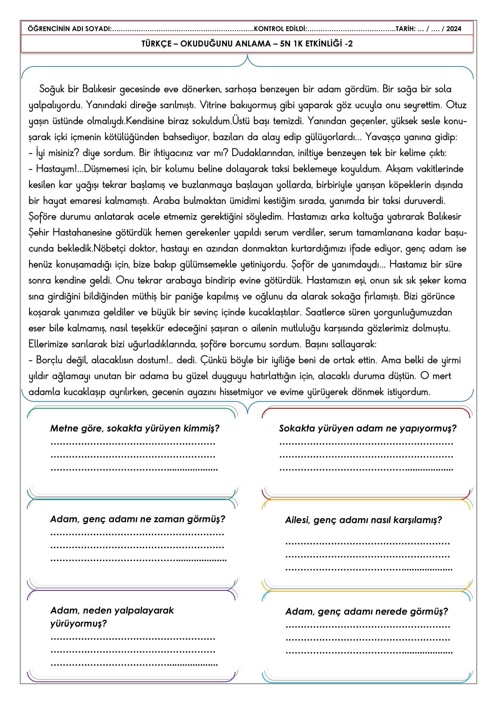 4. Sınıf - Türkçe - Okuduğunu Anlama - 5N 1K Etkinliği-2
