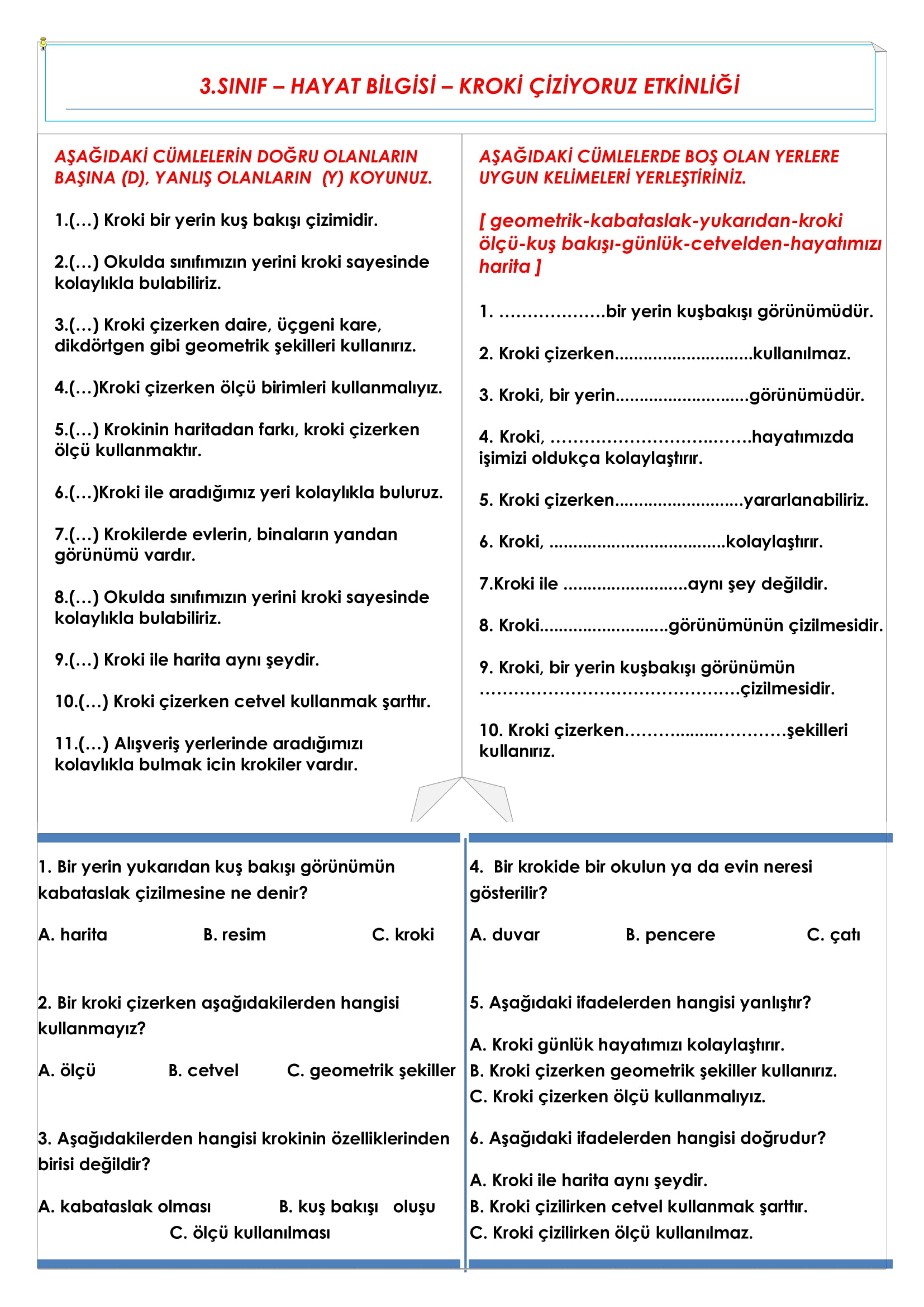 3. Sınıf - Hayat Bilgisi Kroki Çiziyoruz Etkinliği
