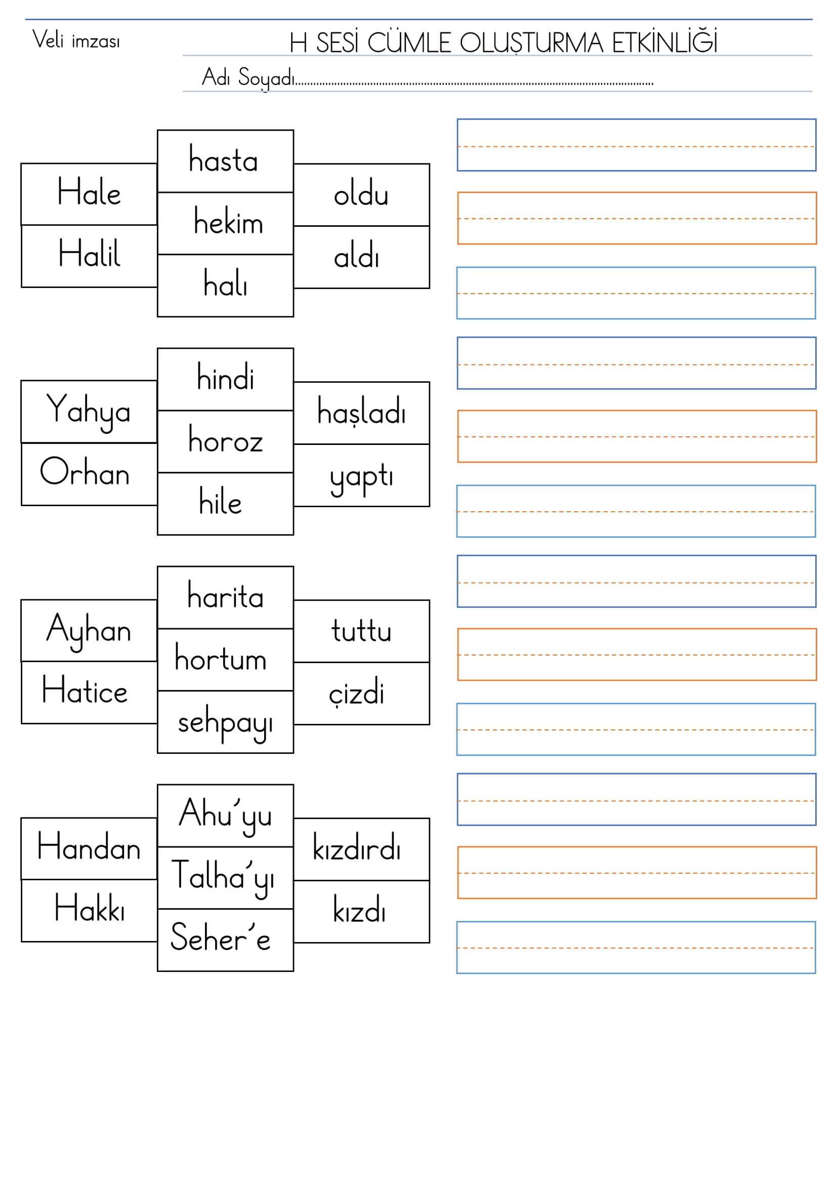 1. Sınıf İlk Okuma Yazma H Sesi Cümle Oluşturma Etkinliği