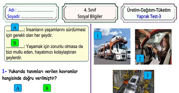 4. Sınıf Sosyal Bilgiler Üretimden Tüketime Yaprak Test 3