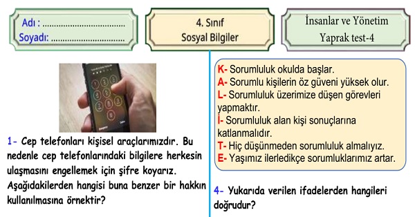 4. Sınıf Sosyal Bilgiler İnsanlar ve Yönetim Ünitesi Yaprak Test 4