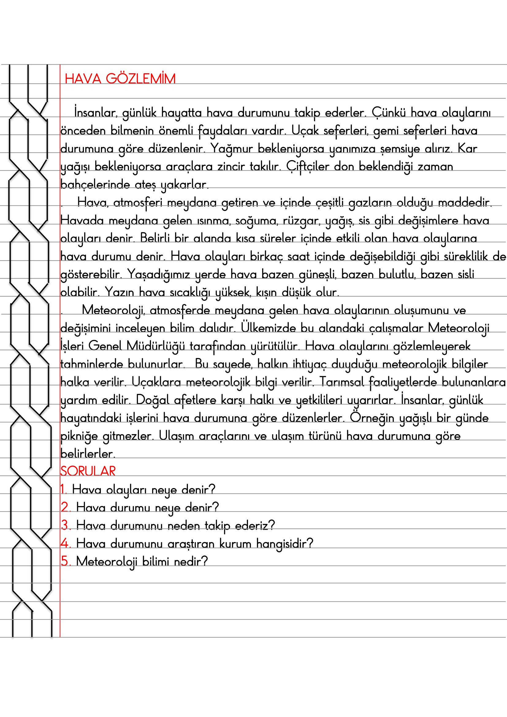 4. Sınıf - Sosyal Bilgiler - Hava Gözlemim Defter Özeti