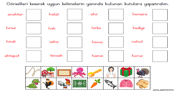 1. Sınıf İlk Okuma Yazma H-h Sesi Görsel Kelime Eşleştirme-Kes Yapıştır