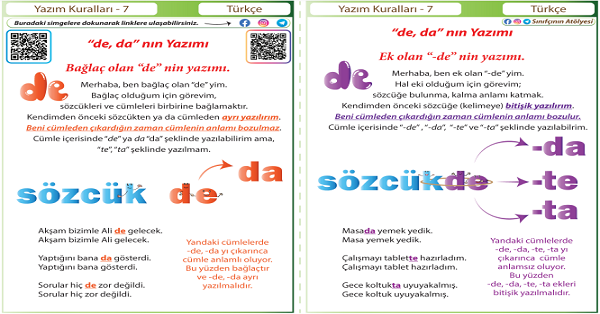 4. Sınıf Türkçe Yazım Kuralları (de, da Eklerinin Yazımı)