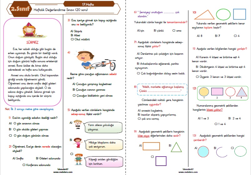 2. Sınıf Haftalık Değerlendirme Testi - 17.Hafta (09-13 Ocak)