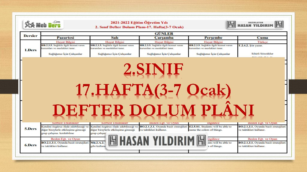 2. Sınıf 17.Hafta(3-7 Ocak) Defter Dolum Planı