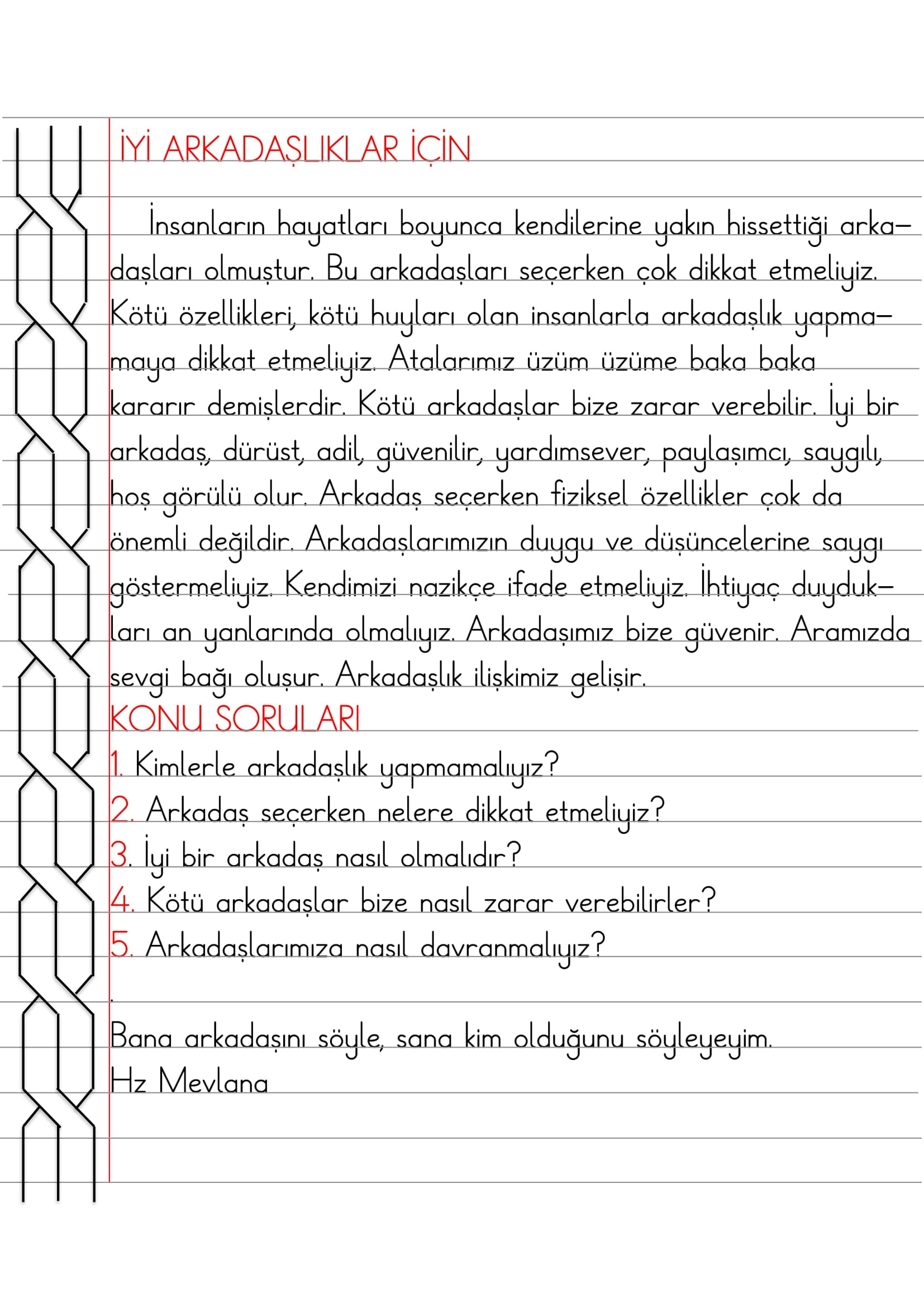 2. Sınıf - Hayat Bilgisi İyi Arkadaşlıklar İçin Defter Özeti