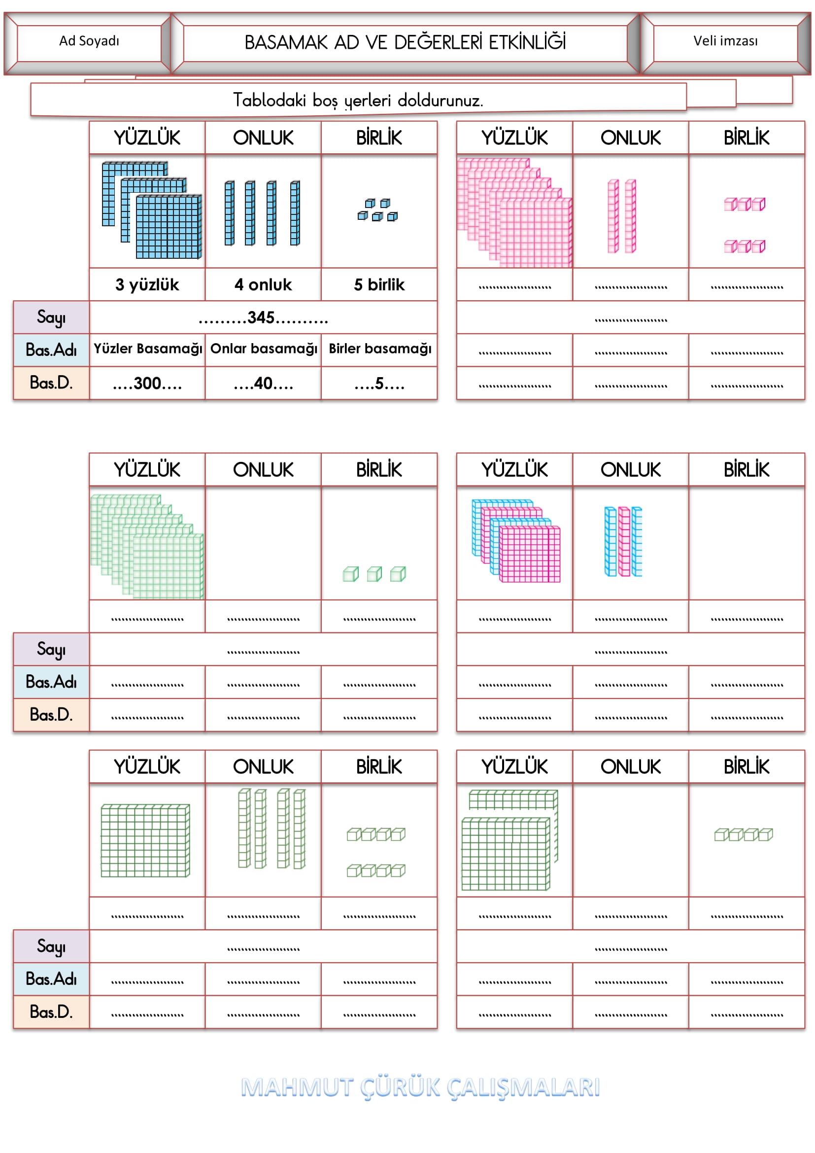 3. Sınıf - Matematik Basamak Ad ve Değerleri Etkinliği