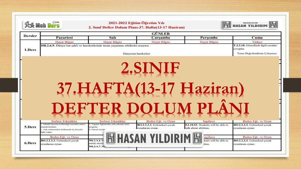2. Sınıf 37.Hafta(13-17 Haziran) Defter Dolum Planı