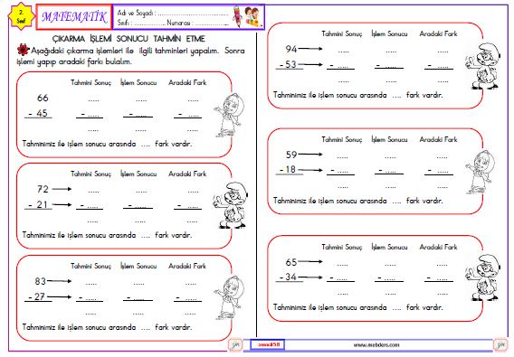 2. Sınıf Matematik Çıkarma İşleminin Sonucunu Tahmin Etme Etkinliği 3