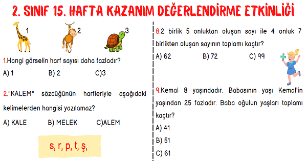 2. Sınıf 15.Hafta Kazanım Değerlendirme Testi