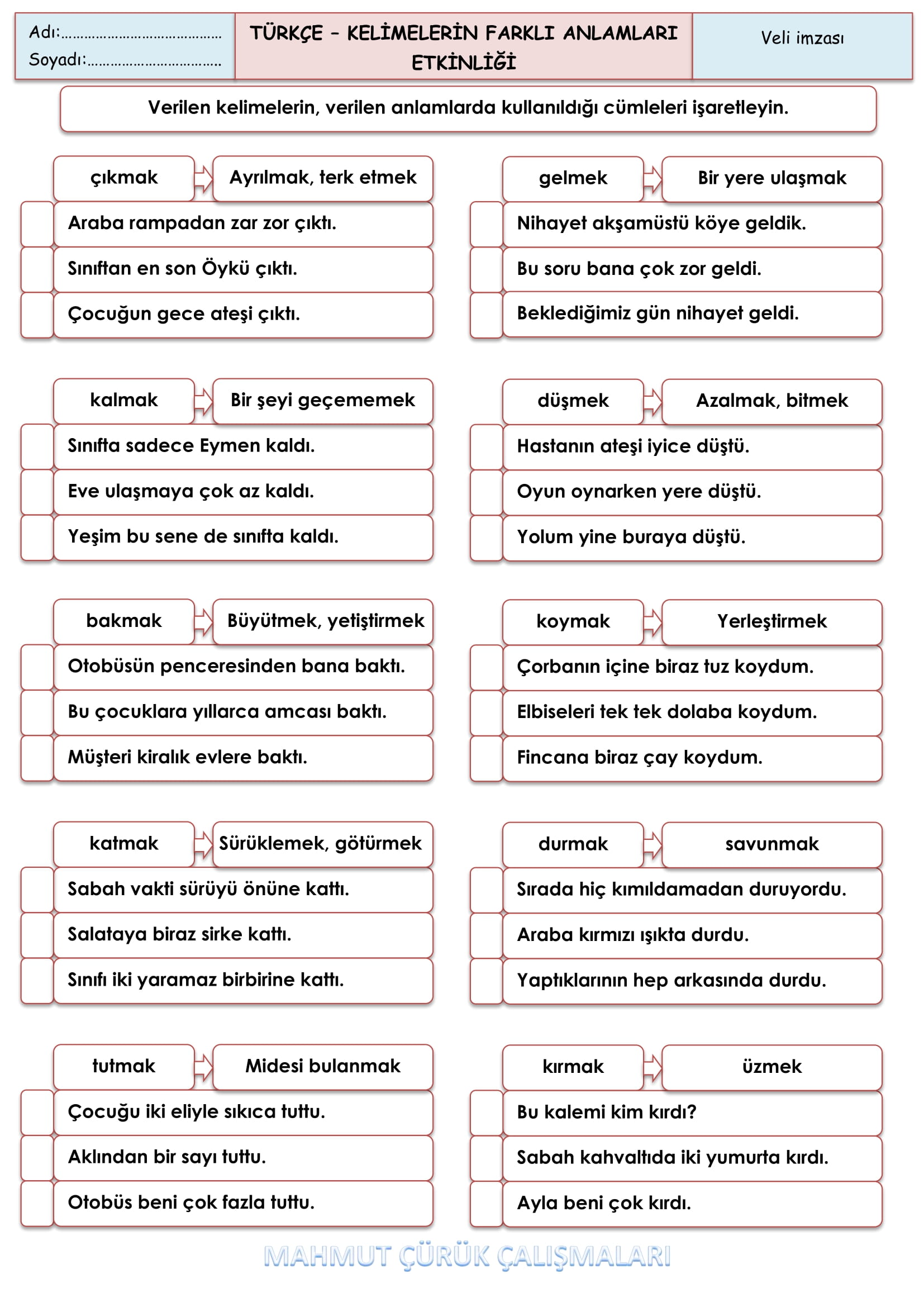 2. Sınıf - Türkçe - Kelimelerin Farklı Anlamları Etkinliği