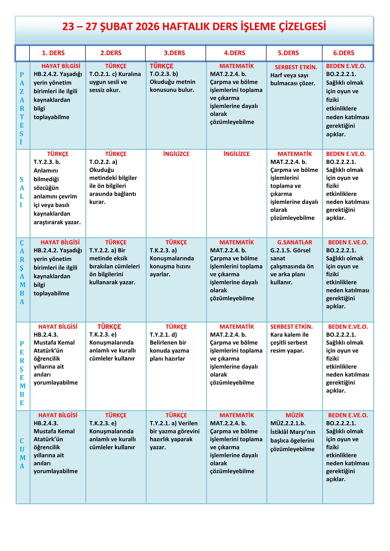 2. Sınıf 23 - 27 Şubat 2026 Haftalık Ders İşleme Çizelgesi.doc