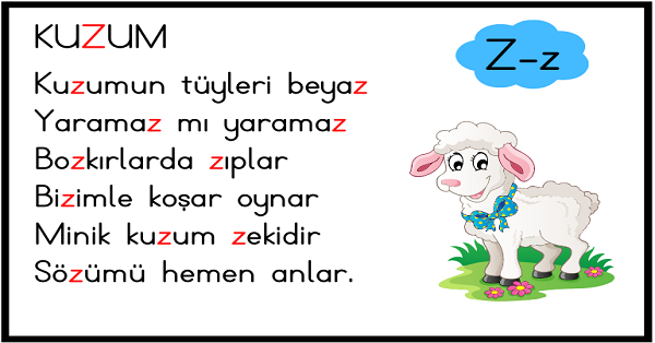 1. Sınıf İlk Okuma Yazma Z-z Sesi Tekerlemesi
