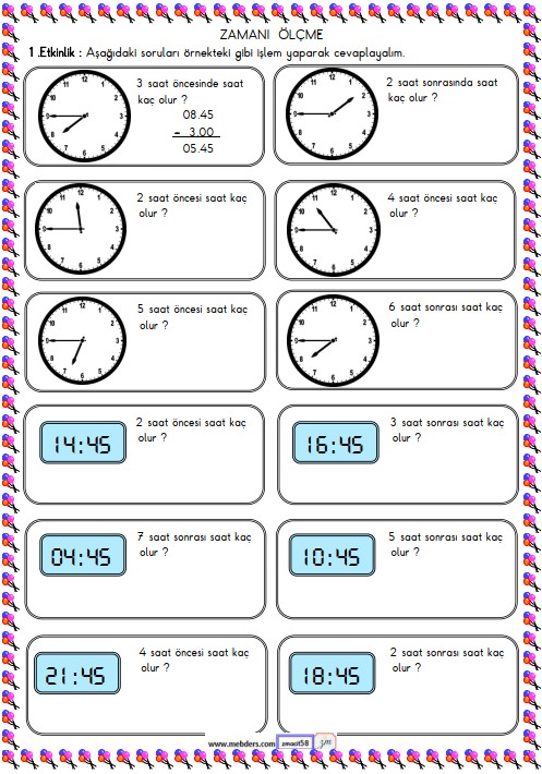 2. Sınıf Matematik Zamanı Ölçme, Saat Etkinliği 34