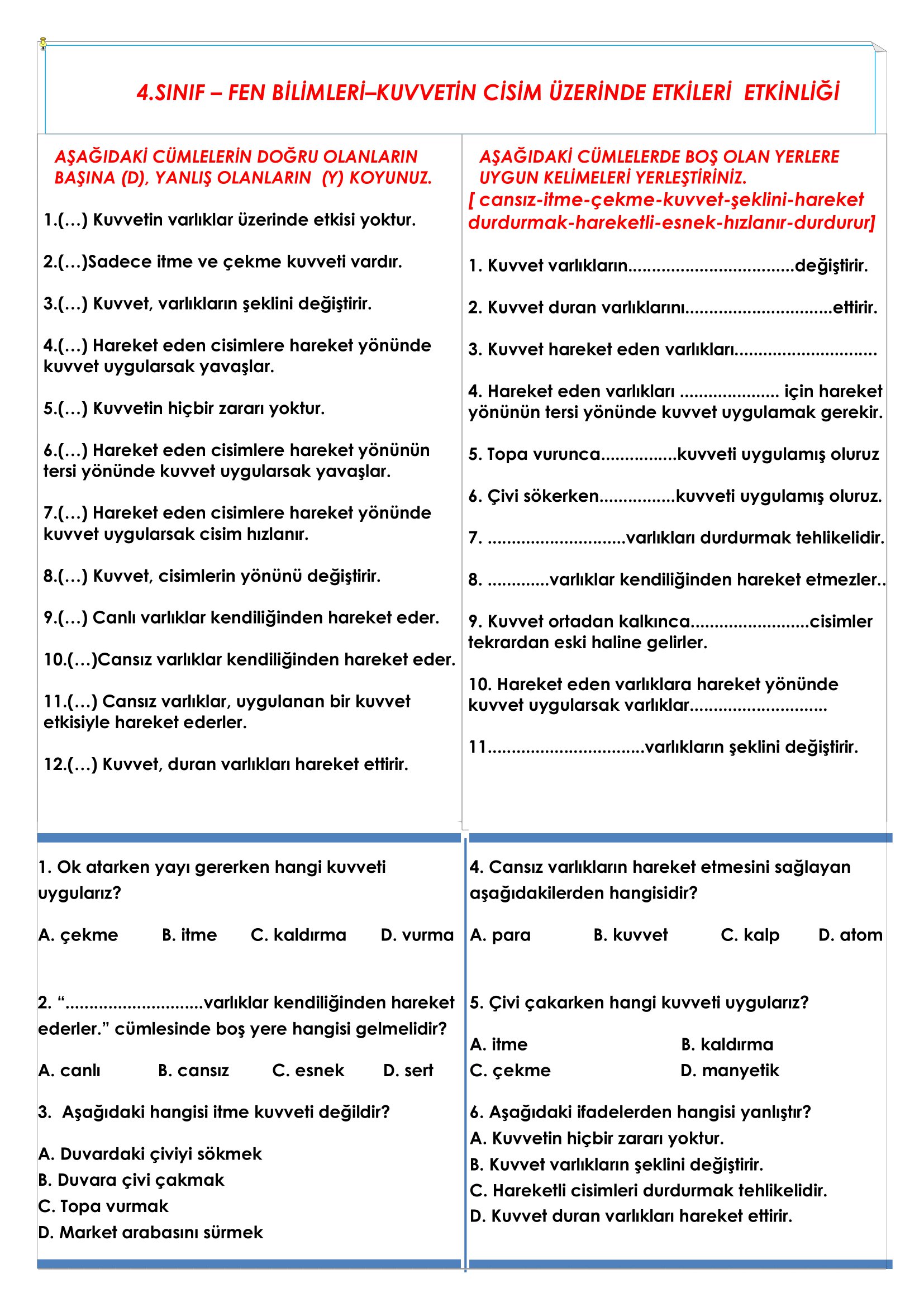 4. Sınıf Fen Bilimleri Kuvvetin Cisimler Üzerinde Etkileri Etkinliği
