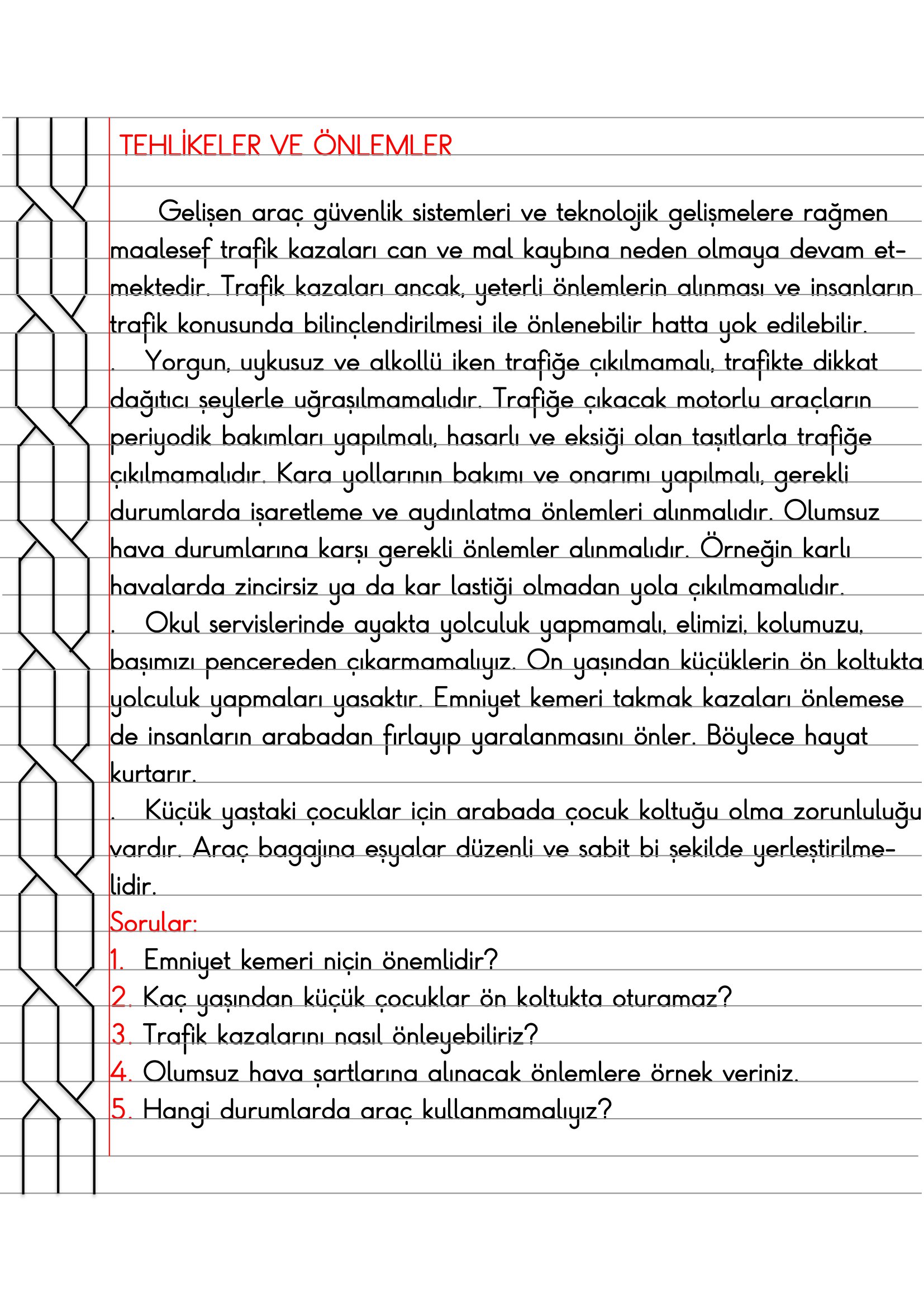 4. Sınıf Trafik Güvenliği Tehlikeler ve Önlemler Defter Özeti