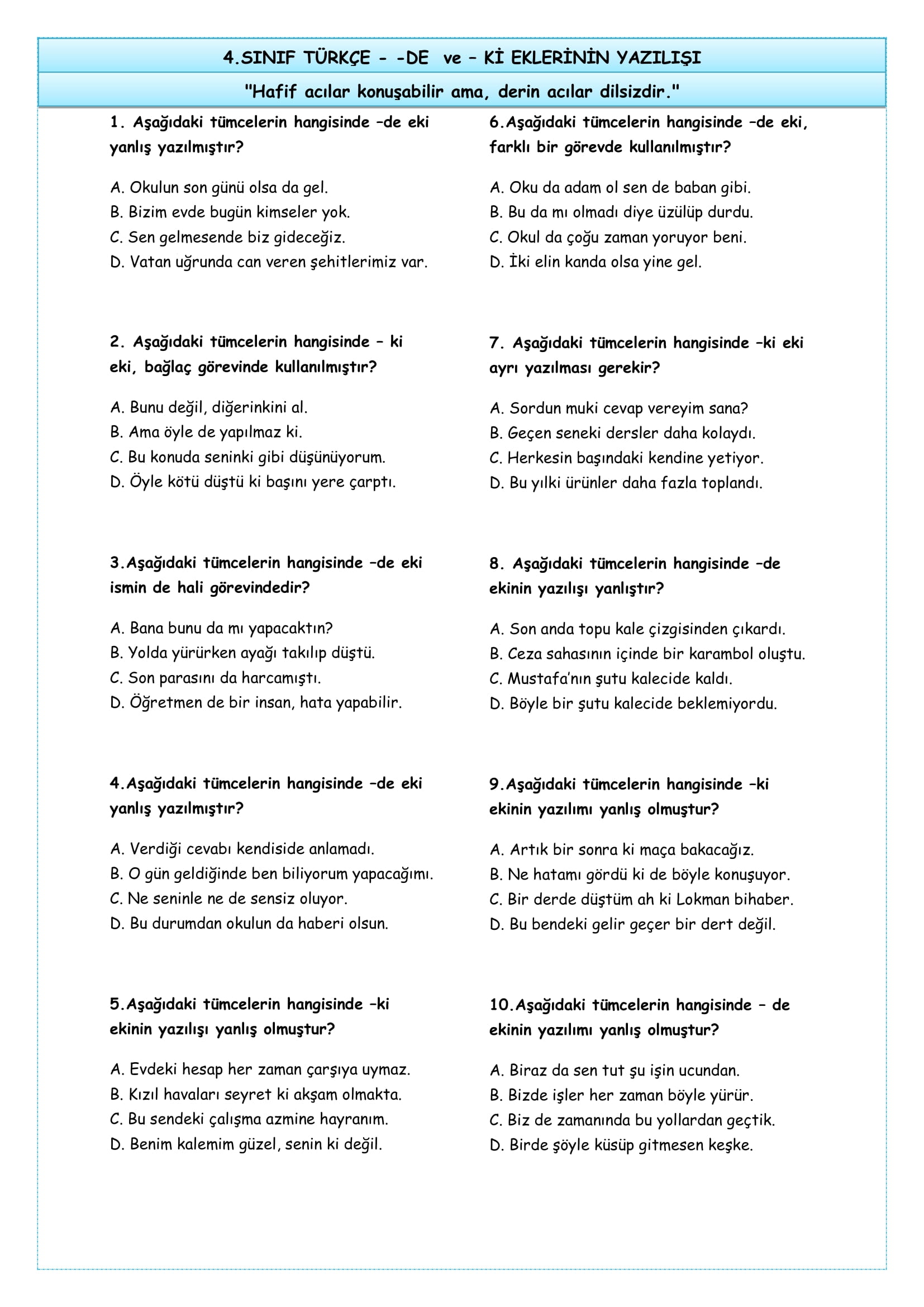 4. Sınıf Türkçe - De ve - Ki eklerinin yazılımı testi