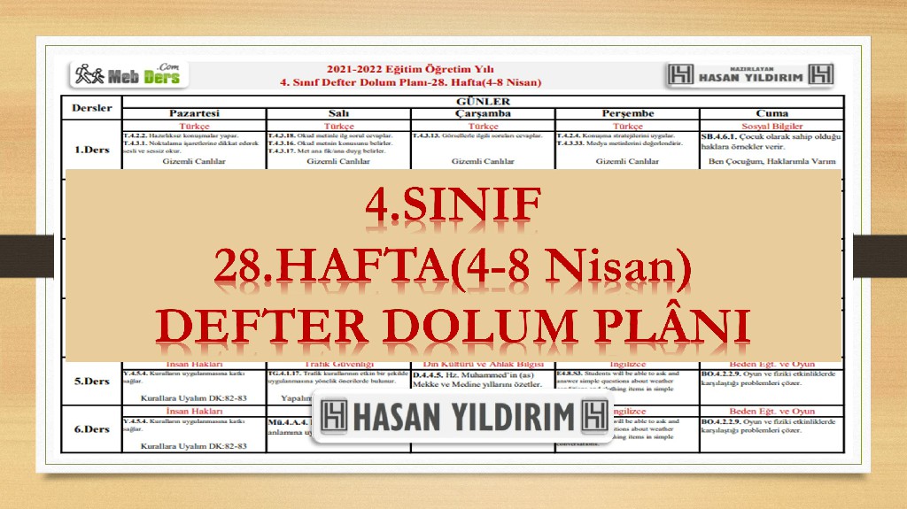 4. Sınıf 28.Hafta(4-8 Nisan) Defter Dolum Planı