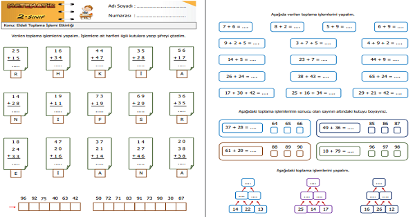 2. Sınıf Matematik Eldeli Toplama İşlemi Etkinliği 5