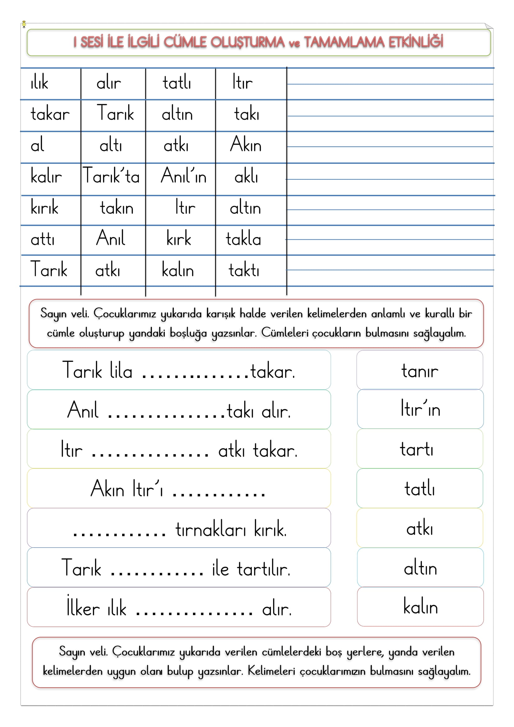 1. Sınıf İlk Okuma Yazma I Sesi Cümle Oluşturma ve Tamamlama Etkinliği