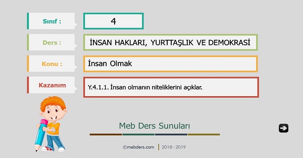 4. Sınıf İnsan Hakları, Yurttaşlık ve Demokrasi - İnsan Olmak Sunusu