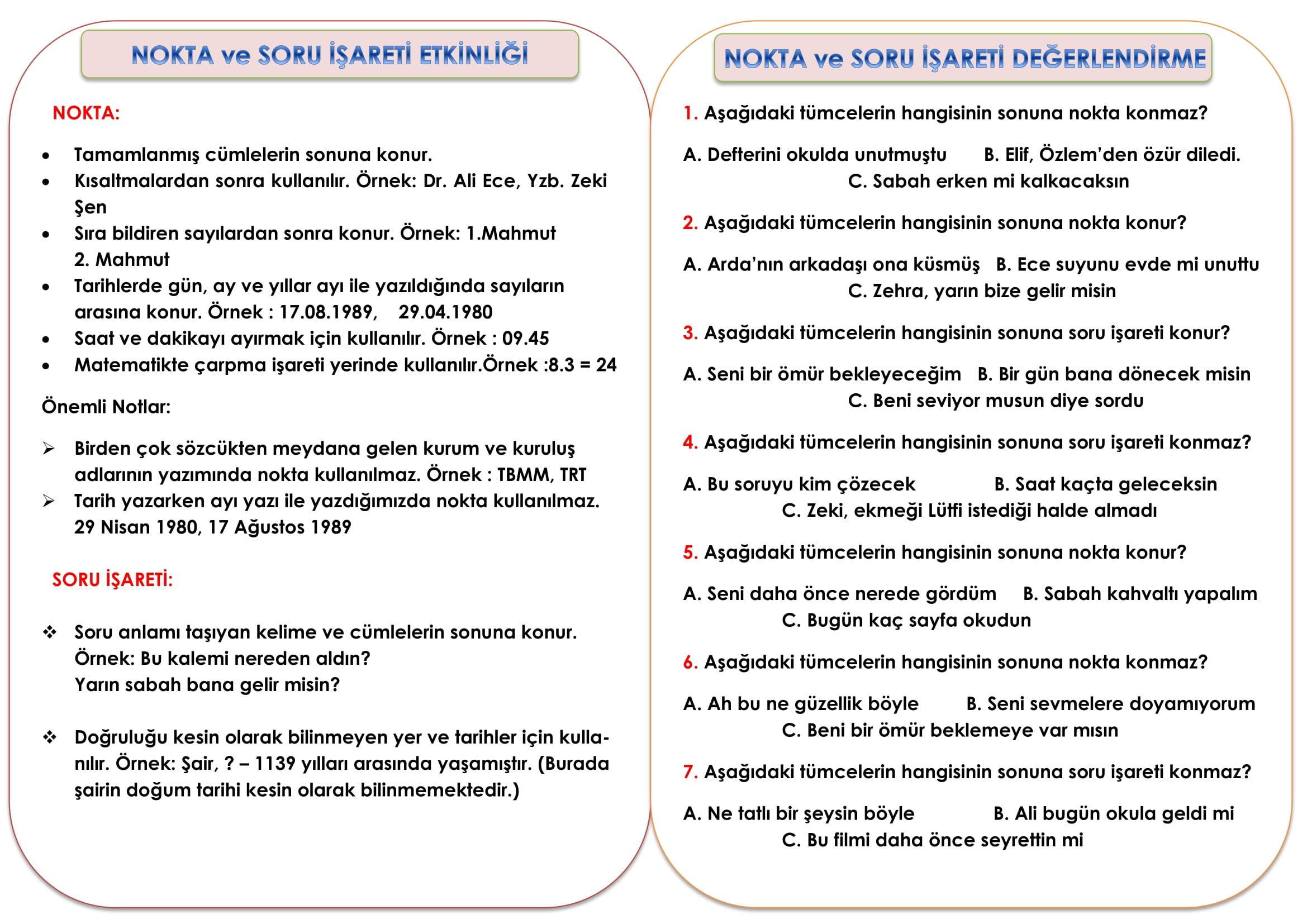 2. Sınıf Türkçe DilBilgisi Nokta ve Soru İşareti Konu Özeti