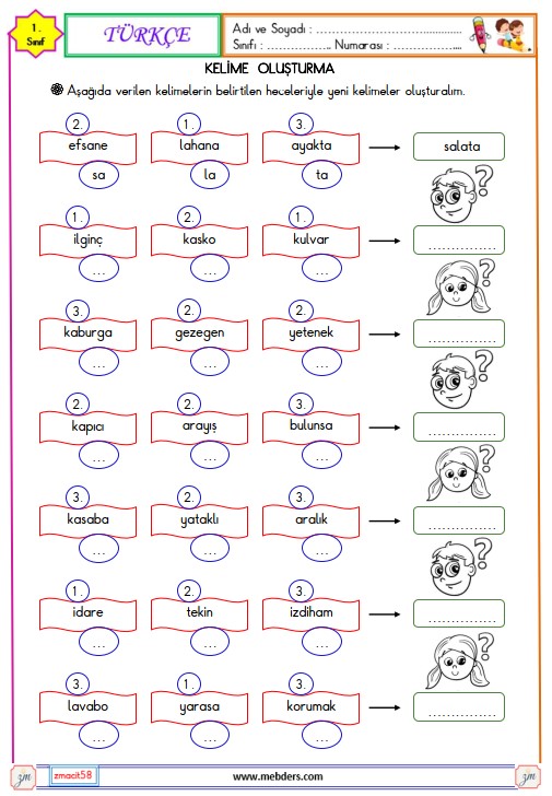 1. Sınıf Türkçe Kelime Oluşturma Etkinliği 6