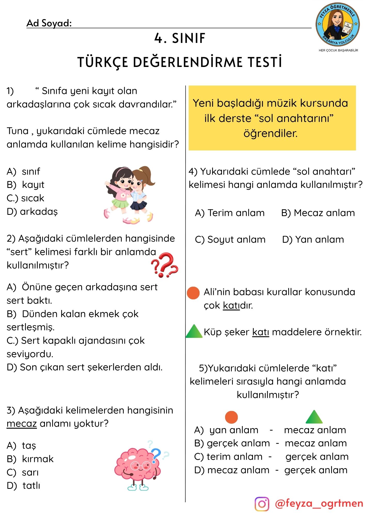 4. Sınıf Türkçe- Matematik Dersi 4 Hafta Değerlendirme Testi