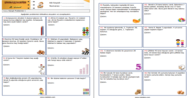 2. Sınıf Matematik Karışık Problemler Etkinliği 1