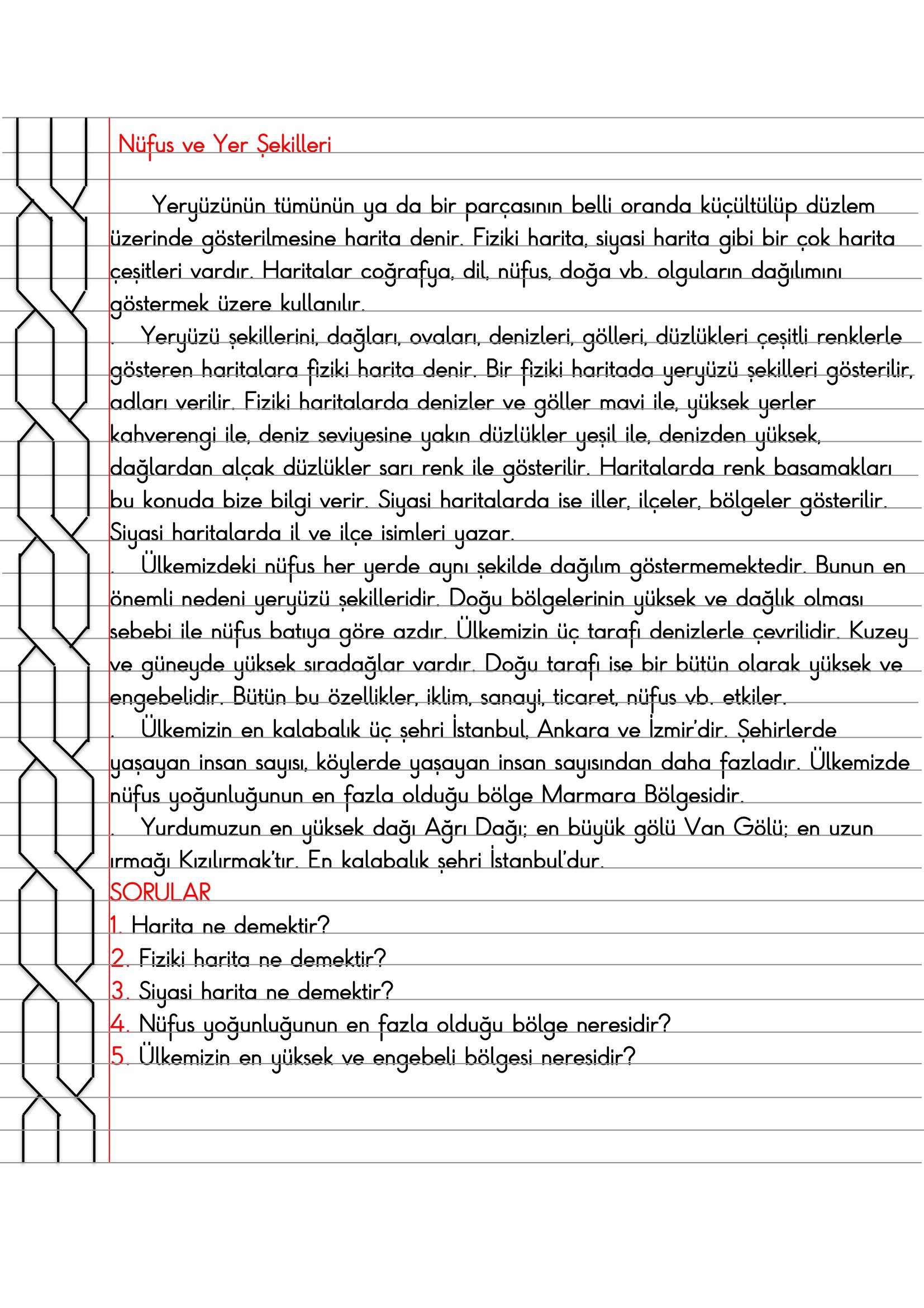 4. Sınıf - Sosyal Bilgiler - Nüfus ve Yer Şekilleri Defter Özeti