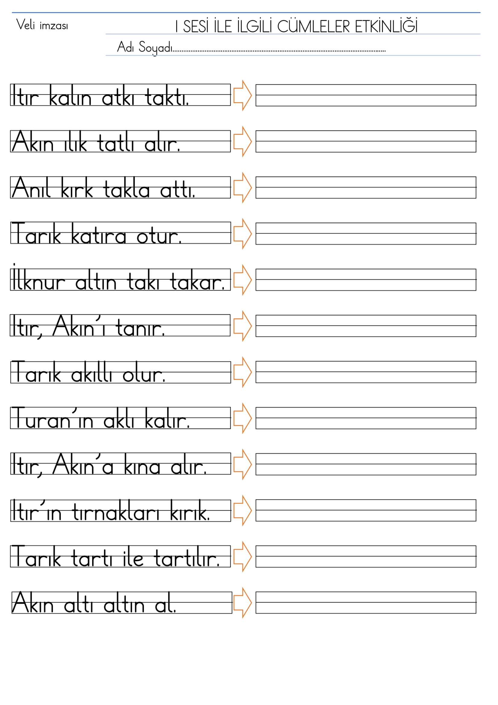 1. Sınıf I Sesi Cümleler Etkinliği