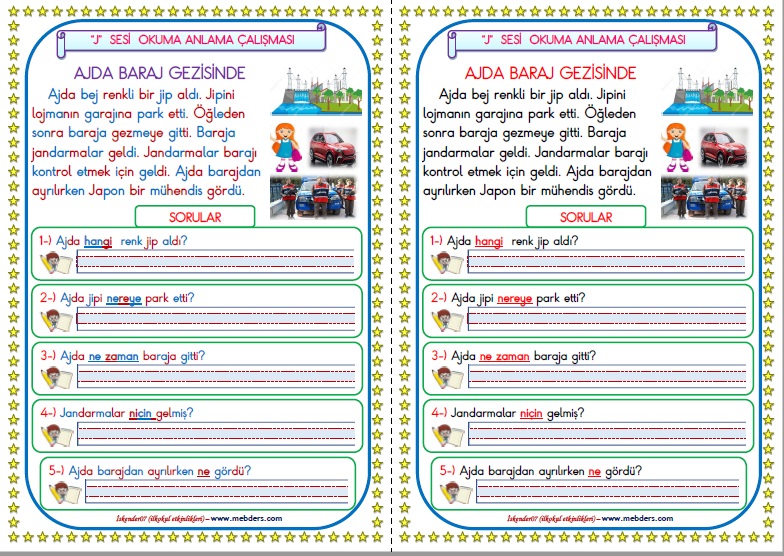1. Sınıf J-j Sesi Okuma Anlama Metin Çalışması (2 Sayfa)