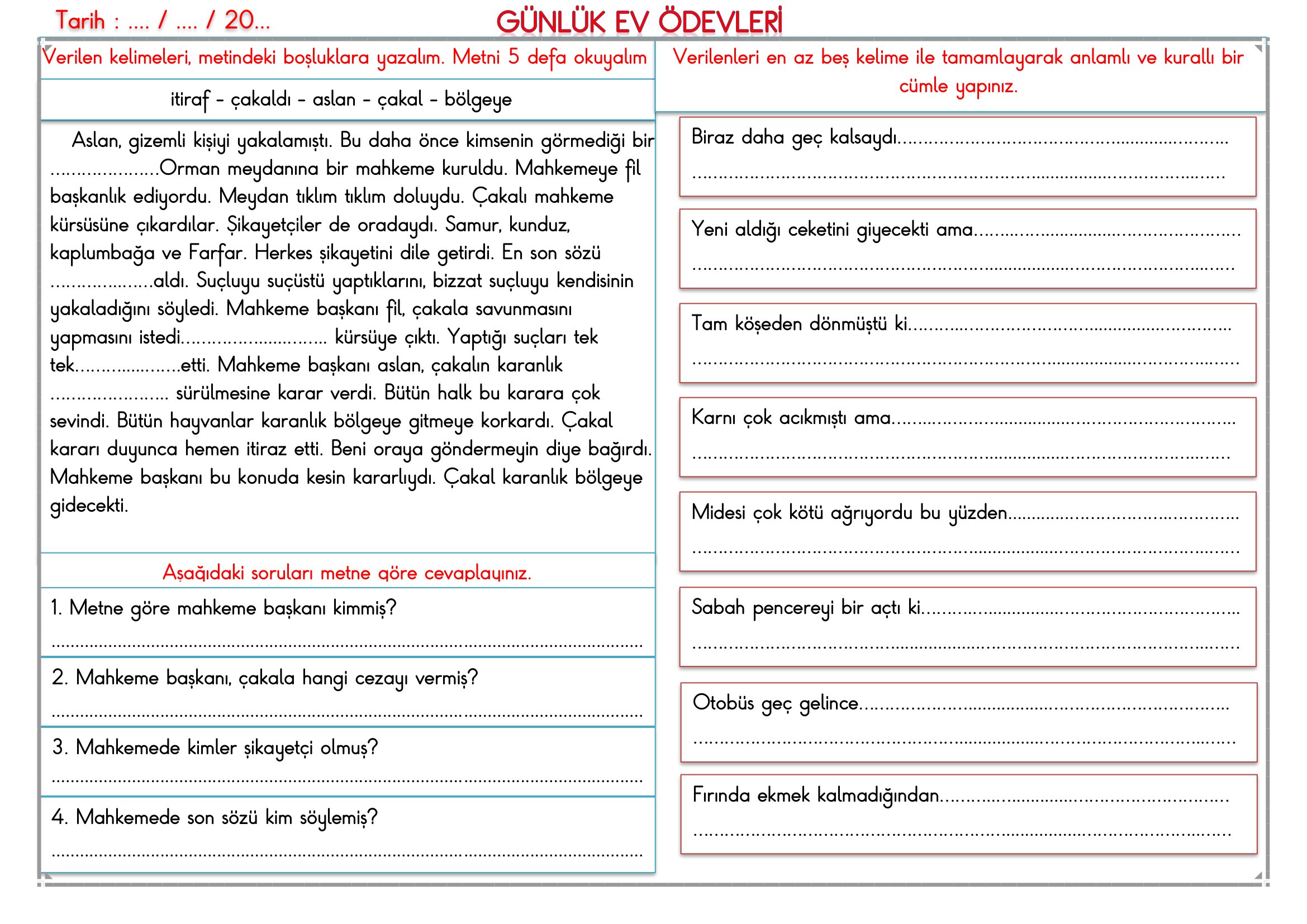 2. Sınıf - 20 Mayıs 2026 Günlük Ev Ödevleri